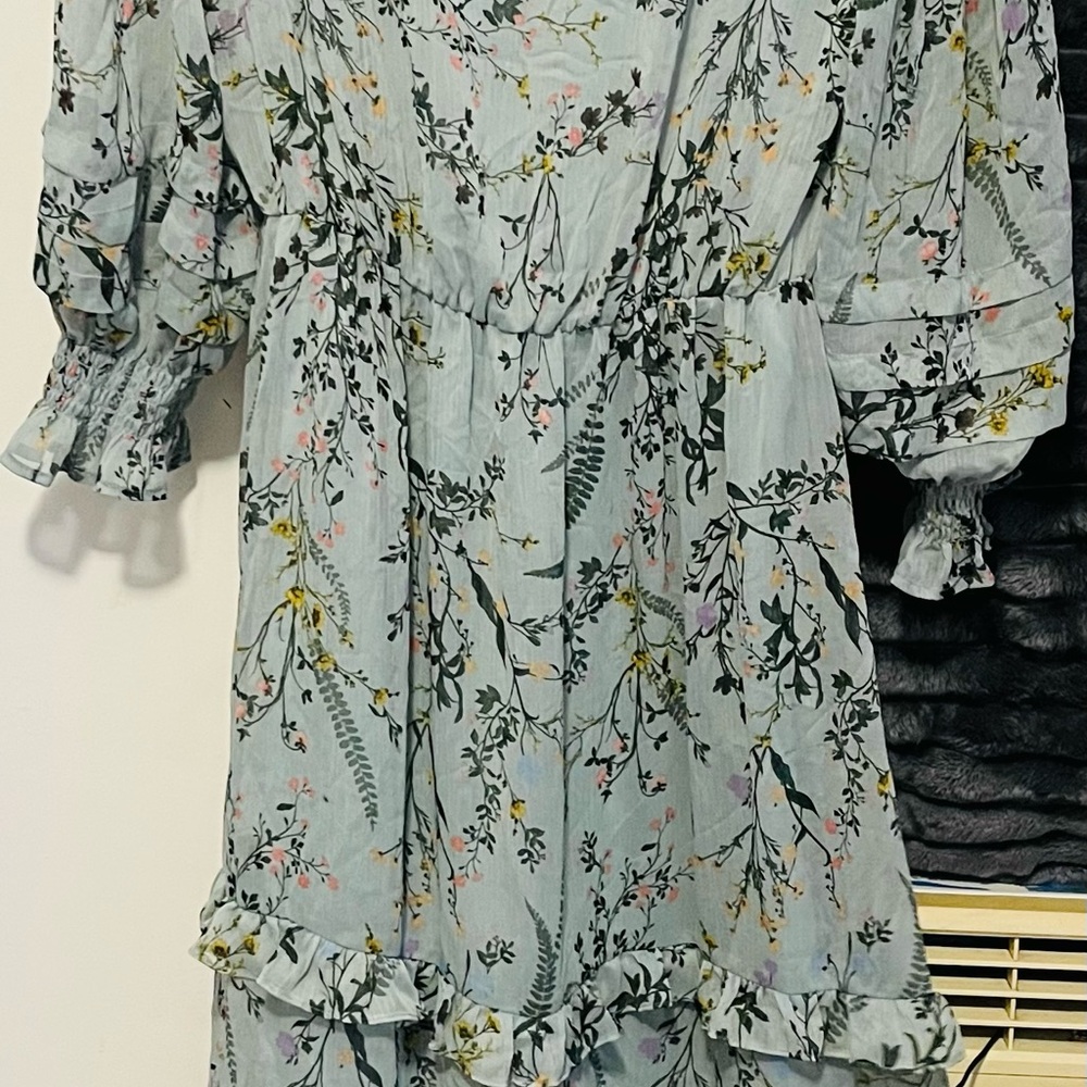 Blue Ruffled Tiered Wrap Sundress with Bishop Sleeves